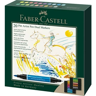 Abbildung von FABER CASTELL 162020 Pitt Artist Pen Dual Marker Tuschestift, mit zwei Spitzen, eine Pinselspitze und metallgefasste Faserspitze, 20er Kartonetui