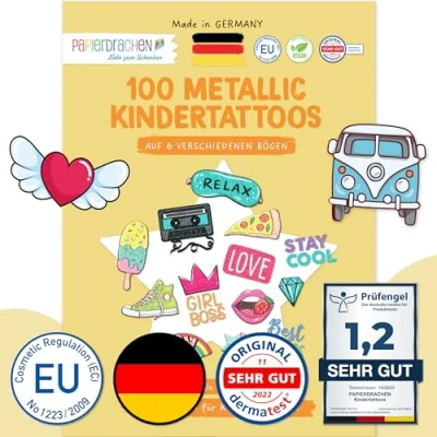 Abbildung von Papierdrachen 100 Metallic Tattoos für Kinder Hautfreundliche Kindertattoos Summerjam als Geburtstagsmitgebsel &amp; Geschenkidee Jungen und Mädchen in Deutschland hergestellt