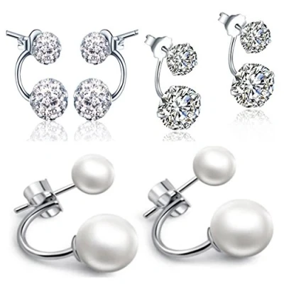 Abbildung von Yumilok 925 Sterling Silber Zirkonia Kristall Perlen Doppel Kugeln Ohrhänger Ohrstecker Ohrring Jackets Hypoallergen Ohrschmuck für Damen Frauen Mädchen, 3 Paare