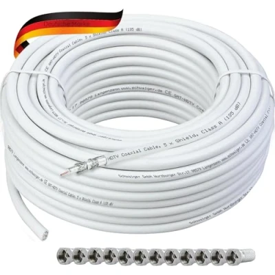 Abbildung von SCHWAIGER 9581 Koaxial Kabel 25m 135dB Antennen Sat 75 Ohm TV 5 fach geschirmt Feuchtigkeitsresistent 8.2mm Kabeldurchmesser weiß inkl. F Stecker