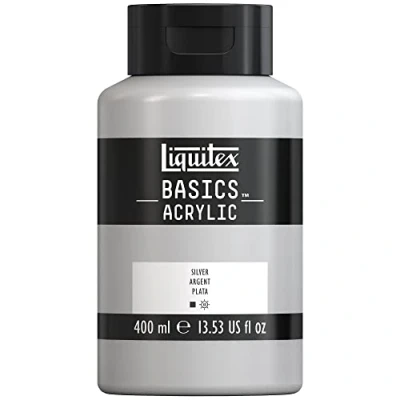 Abbildung von Liquitex 8870343 Basics Acrylfarbe, monopigmentierte Künstlerpigmente, lichtecht, mittlere Viskosität, Archivqualität, seidenglänzender Finish, 400ml Flasche Silber