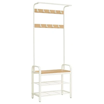 Abbildung von VASAGLE Garderobenständer, Garderobe, mit Schuhbank, 4 in 1 Design, 9 abnehmbare Haken, Kleiderstange, Eingangsbereich, Flur, 33,7 x 72 183 cm, modern, eichenfarben weiß HSR40W