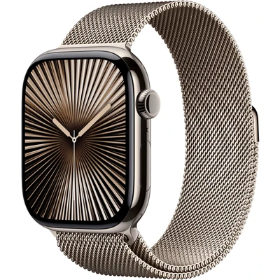 Abbildung von Apple Watch Series 10 (GPS + Cellular 46 mm) Smartwatch mit Titangehäuse in Natur und Milanaise Armband (S/M). Fitnesstracker, EKG App, Always On Retina Display, Wasserschutz