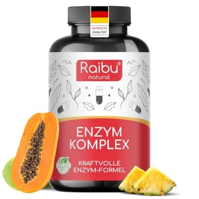 Abbildung von Verdauungsenzyme, Enzym Komplex Bromelain, Papain, Protease, Amylase, Lipase und Lactase Bakterienkulturen &amp; natürliches Kalzium für bessere Formel 90 Magensaftresistente Kapseln Raibu