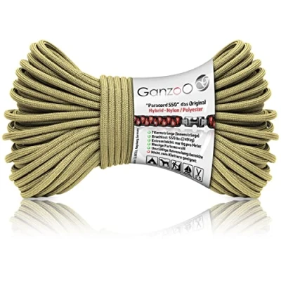 Abbildung von Ganzoo Paracord 550 Seil / 4mm Nylon/Polyester/Typ Hybrid/Armband Hunde Leine/Hunde Halsband 250Kg. Bruchlast/Outdoor Rope/Camping Schnur/Allzweckseil 30 Meter/Beige