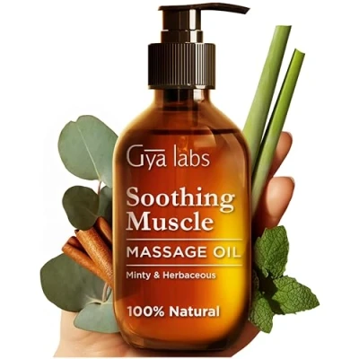 Abbildung von Gya Labs Beruhigendes Massageöl gegen Muskelkater für schmerzende Muskeln in Spa Qualität Pfefferminz und Zimt Körpermassageöl Männer Frauen 100% natürlich (200 ml)