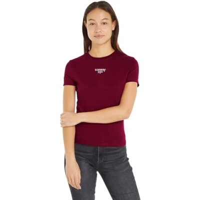 Abbildung von Tommy Jeans Damen T Shirt Kurzarm Slim Logo Rundhalsausschnitt, Rot (Red Carpet), XS