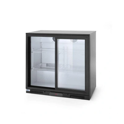 Abbildung von HENDI Getränkekühlschrank 200 Liter 90 x 50 cm 2 Schiebetüren aus Glas 4 Regalböden LED Beleuchtung schwarz, Gastro Bar Kühlschrank