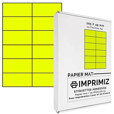 Abbildung von 300 Selbstklebende Etiketten neongelb von 105 x 49,5 mm 12 Etiketten/Blatt 25 Blatt A4 / Papier matt Farbe Für Inkjet/Laser/Kopier Drucker farbig