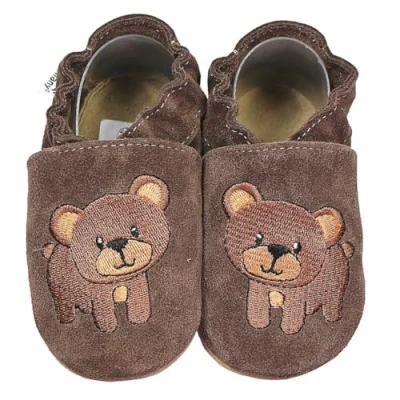 Abbildung von HOBEA Germany Krabbelschuhe für Jungs und Mädchen in verschiedenen Designs, Kinderhausschuhe Jungen, Lederschuhe, Schuhgröße: 18/19, Modell Schuhe: Bär Dunkelbraun