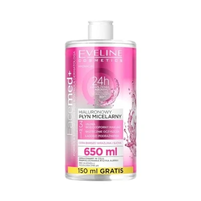 Abbildung von Eveline Cosmetics Facemed+ Hyaluron Micellarwasser 3 in 1 Fortschrittliche Feuchtigkeitspflege &amp; Make up Entfernung für empfindliche Haut, 650ml