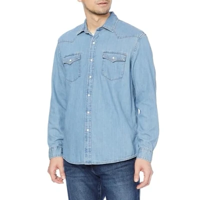 Abbildung von Amazon Essentials Herren Langärmeliges Jeanshemd, Normale Passform, Hellblau, S