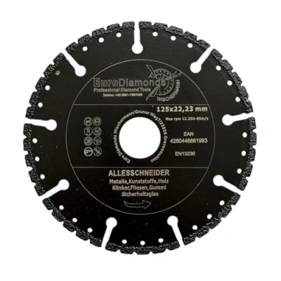 Abbildung von EDW Profi Diamant Trennscheibe Allesschneider Ø 125 mm, zum Schneiden von Kunststoff, Holz, Metall, GFK, Carbon, Glas und Waschbeton, Resque Diamanttrennscheibe mit extrem wenig Funkenflug