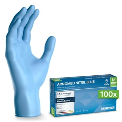 Abbildung von ARNOMED Nitril Einweghandschuhe 100 Stück/Box, M, puderfreie &amp; latexfreie Einmalhandschuhe, Blaue Nitrilhandschuhe, in Gr. XS, S, L, XL XXL verfügbar