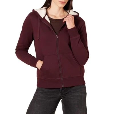 Abbildung von Amazon Essentials Damen Sherpa gefütterte Fleece Kapuzenjacke mit durchgehendem Reißverschluss (erhältlich in Übergröße), Burgunderrot, L