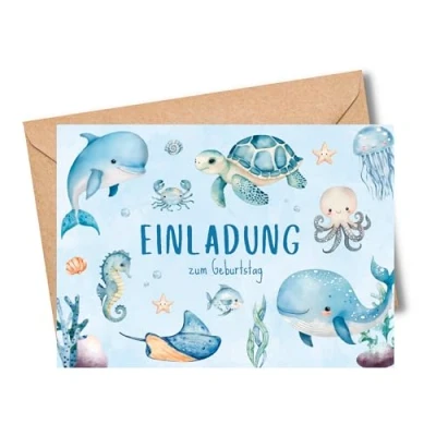 Abbildung von MeinBaby123® 10 Einladungskarten Kindergeburtstag Unterwasserwelt für Jungs und Mädchen Geburtstagseinladungen Kinder inkl. Briefumschläge Premium Qualität (Unterwasserwelt)
