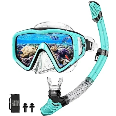 Abbildung von Schnorcheln Set Erwachsene, Schnorchelset mit Taucherbrille und Trocken Schnorchel, Wasserdicht Anti Fog/Anti Leck Schnorchelmaske aus Gehärtetem Glas zum Schnorcheln, Schwimmen Tauchen