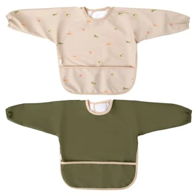 Abbildung von MIMUSELINA 2er Pack wasserdichte Baby Lätzchen mit Ärmeln Wasserdichtes verstellbaren Klettverschlüssen, elastischen Bündchen und Vordertasche grün