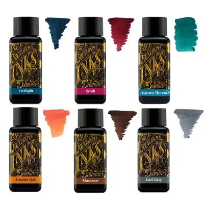 Abbildung von Diamine Füllfederhalter Tinte, 30 ml, Farbrad, 6 x Flaschen, Herbsteiche, Syrah, Macassar, Earl Grey, Aurora Borealis, Twilight