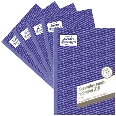 Abbildung von AVERY Zweckform 318 5 Kassenbestandsrechnung (A5, 50 Blatt, Ermittlung der Tageseinnahmen &amp; Kassenbestand, von Rechtsexperten geprüft, für DE/AT, zur ordnungsgemäßen Buchführung) 5er Pack, weiß