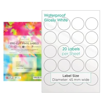 Abbildung von Evergreen Goods A4 Wasserfest Glänzend Weiß Rund Bedruckbares Vinyl Aufkleber Etiketten Tintenstrahl bedruckbare kreisförmige klebeetiketten 45 mm (20 pro Blatt,200 insgesamt) 10 Blatt