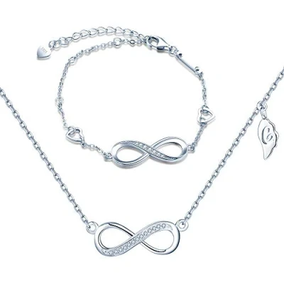 Abbildung von Yumilok Damen Armkette Halskette Kette mit Unendlichkeit Infinity Symbol Anhänger Stern Zirkonia Armband Armbänder Armreifen Schmucksets 925 Sterling Silber für Geschenk Frauen Mädchen
