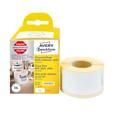 Abbildung von AVERY Zweckform A1976411 Dymo LabelWriter wetterfeste Etiketten kompatibel zu 1976411 (25x54mm, 1 Rolle160 Kunststoff Aufkleber, selbstklebend, für LW Etikettendrucker, Beschriftungsgerät)