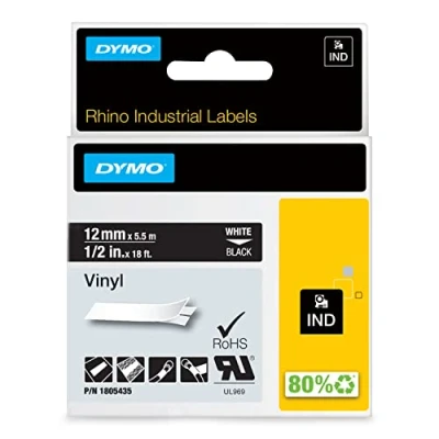 Abbildung von DYMO Rhino Industrie Vinyletiketten 12 mm x 5,5 m weiß auf schwarz selbstklebendes Schriftband für und LabelManager Beschriftungsgerät