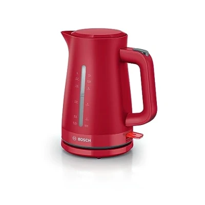 Abbildung von Bosch kabelloser Wasserkocher MyMoment TWK3M124, Abschaltautomatik, Überhitzungsschutz, Tassenanzeige, beidseitige Wasserstandsanzeige, entnehmbarer Kalkfilter, 1,7 L, 2400 W, Rot matt