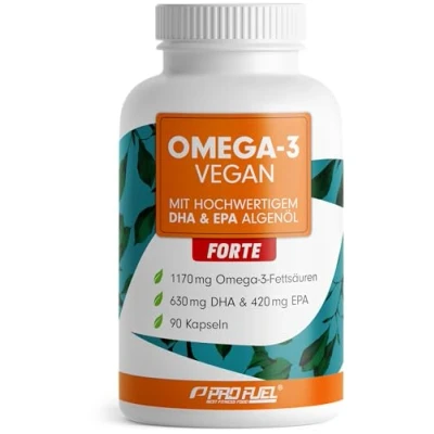 Abbildung von Omega 3 vegan FORTE 90 Kapseln 2000 mg Algenöl pro Tag hochdosiert mit 630mg DHA + 420 EPA vegane DHA:EPA Verhältnis 3:2 laborgeprüft Analyse Zertifikat