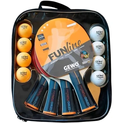 Abbildung von GEWO Family &amp; Friends Tischtennisschläger Set 4 für Hobby und Freizeit mit 8 TT Bällen praktischer Aufbewahrungstasche Komplettschläger Raver Belag, Griff konkav
