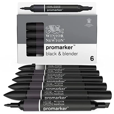 Abbildung von Winsor &amp; Newton 0290116 ProMarker, Professioneller Layoutmarker 2 Spitzen, fein und breit für Zeichnungen, Design Layouts 6er Set 5x Schwarz Blender
