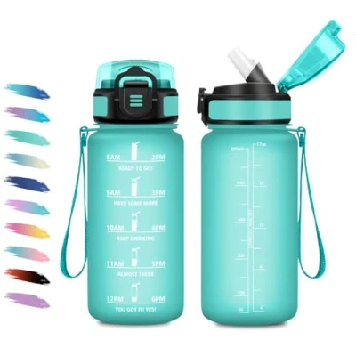 Abbildung von Trinkflasche 500ml, Motivierende mit Zeitmarkierung, Auslaufsicher, Wasserflasche kinder Strohhalm, Kohlensäure Geeignet, für Radfahren, Camping, Büro, Wandern
