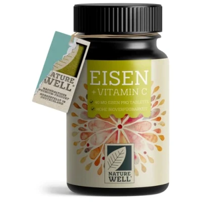 Abbildung von Eisentabletten hochdosiert 180x mit 40 mg Eisen + Vitamin C (40mg) aus Hagebutten Tabletten VEGAN bioverfügbarem Eisen, Bisglycinat ohne unerwünschte Zusätze