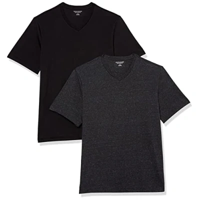 Abbildung von Amazon Essentials Herren Kurzärmelige T Shirts mit V Ausschnitt, 2er Pack, Dunkelgrau Meliert/Schwarz, M
