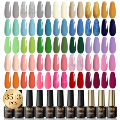 Abbildung von ROSALIND UV Nagellack Set, 35+3 Stück Gel Shellac Grau Weiß Orange Blau Grün Rosa Glitzer Farbgel Gelnägel für Nagelstudio Design Starter Maniküre Geschenkset