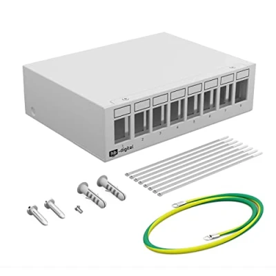 Abbildung von hb digital 8 Port Patchpanel Gehäuse für Keystone Module mit z.B. RJ45 Buchse RJ11 Socket Antennenstecker F Verbinder USB C A BF/AF HDMI Polklemme Gewindebuchse BNZ Hellgrau