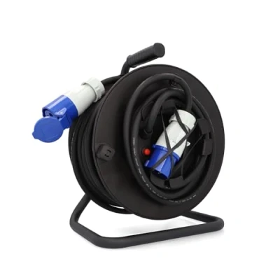 Abbildung von cartrend Explorer CEE Kabeltrommel mit 1 Stecker und Kupplung, Verlängerungsleitung für dauerhafte Nutzung beim Camping im Outdoorbereich, Feststellbremse, IP44, 25m, schwarz