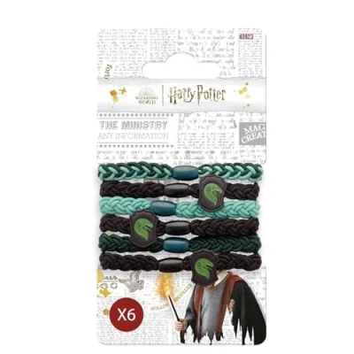 Abbildung von Harry Potter Set mit 6 Haargummis einfaches Frisieren offizielles Zubehör der Hogwarts Schule Slytherin Haus