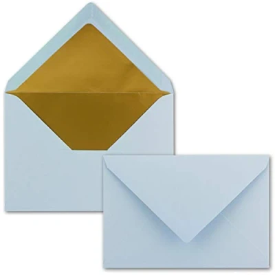 Abbildung von Kuverts in Hell Blau 10 Stück Brief Umschläge DIN C6 114 x 162 mm 11,4 16,2 cm Naßklebung matte Oberfläche &amp; Gold Metallic Fütterung ohne Fenster für Einladungen