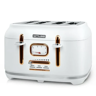 Abbildung von Muse Edelstahl Toaster im weißen Retro Design, analoge Anzeige, beleuchtete Tasten, 6 Bräunungsstufen, 4 Scheiben, MS 131 W, Vintage Look, mit Krümelschublade