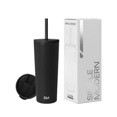 Abbildung von Simple Modern Thermobecher mit Strohhalm und Deckel Trinkbecher Henkel Wiederverwendbare Edelstahl Geschenke für Frauen Männer Classic 710ml Midnight Black