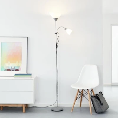 Abbildung von Lightbox LED Deckenfluter mit warmweißem Licht &amp; Kipp Schalter Höhe 1,8m schlichte Stehleuchte Leuchtmittel inklusive wechselbar 806 lm 400 aus Metall/Kunststoff in Chrom/Grau/Weiß