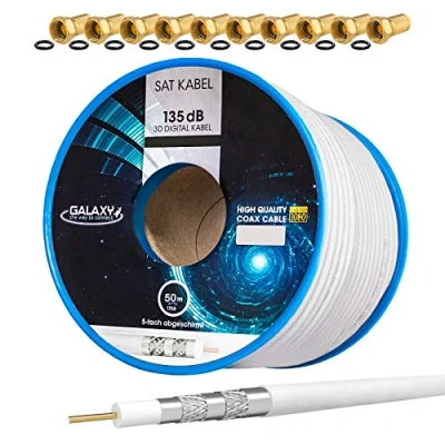 Abbildung von HB DIGITAL SET: 50m Koaxial SAT Kabel 135db Weiß + 10x F Stecker vergoldet CCS (Stahl Kupfer) Satellit Antennenkabel 5 Fach geschirmt für DVB S/S2 C/C2 T/T2 DAB+ Radio BK Anlagen