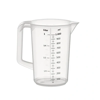 Abbildung von APS 30047 Messbecher 1 Liter, Ø 12 x H: 17 cm, Kunststoffbecher mit geprägter Maßskalierung außen, geschlossener Griff, und ml Liter Einteilung, spülmaschinengeeignet