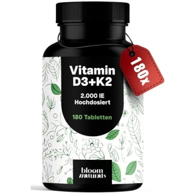 Abbildung von Vitamin D3 K2 hochdosiert 180 Tabletten mit 2000 IE Premium 99,7+% All Trans MK7 Produziert in Deutschland