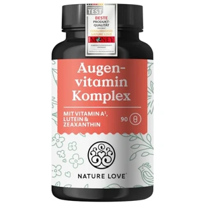 Abbildung von NATURE LOVE® Augenvitamin Komplex 90 Kapseln mit Vitamin A Lutein, Zeaxanthin und E vegan, hochdosiert, ohne unnötige Zusätze in Deutschland laborgeprüft
