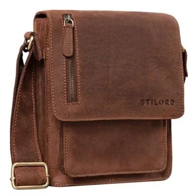 Abbildung von STILORD Herren Umhängetasche braun Kleine Vintage Schultertasche 8,4 Zoll Messenger Bag Tablettasche aus echtem Büffel Leder &#039;Finn&#039;