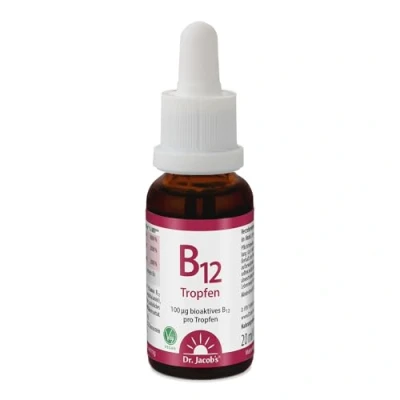 Abbildung von Dr. Jacob’s Vitamin B12 Tropfen 20 ml I Für Energie, Nerven und weniger Müdigkeit* Hydroxycobalamin Methylcobalamin 100 μg pro Tropfen, hochdosiert 360 vegan