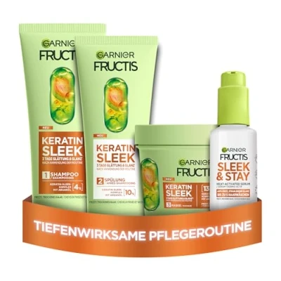 Abbildung von Garnier Fructis Keratin Sleek Pflegeset Mit Shampoo, Spülung, Maske und Serum, Arganöl Komplex für trockenes zu Frizz neigendes Haar